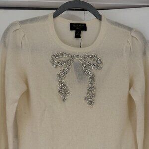 Ivory Cashmere Sweater Bow Crystal/Pearl embellishment size S  NWT